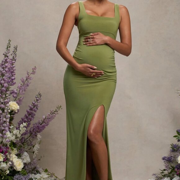 Club L London Maternity Maxi Dress Square Neck with Split Women's Size 12 Olive - Picture 1 of 9
